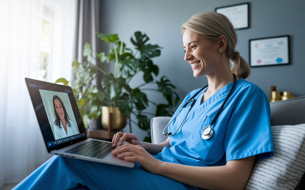 A physician in scrubs sitting comfortably at home with a laptop, engaging in a telemedicine session. The screen shows a patient on a video call, and the physician is smiling, listening intently. The background features a relaxing home environment with plants and medical certificates on the wall. Soft, diffused light enters through a window, creating a calm and professional atmosphere, highlighting the modern practice of medicine.