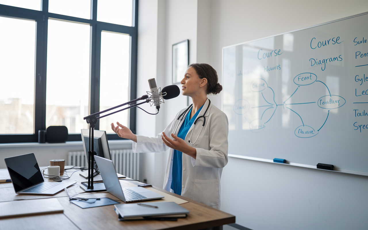 A physician preparing an online course in a bright, organized workspace, standing in front of a whiteboard filled with course diagrams. They are recording a video lecture, speaking passionately with a microphone on. Technical equipment and laptops are set up around the room, giving a modern, tech-savvy feel. Large windows let in natural light, symbolizing clarity and knowledge sharing.