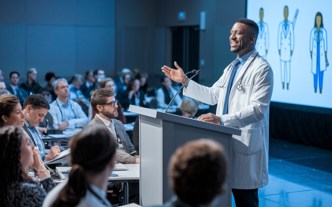 A confident physician delivering a passionate presentation at a conference, standing at a podium with an audience engaged and taking notes. The room is well-lit, with a large screen behind displaying medical illustrations. Attendees are diverse, representing different healthcare professions, and there’s an atmosphere of learning and inspiration.