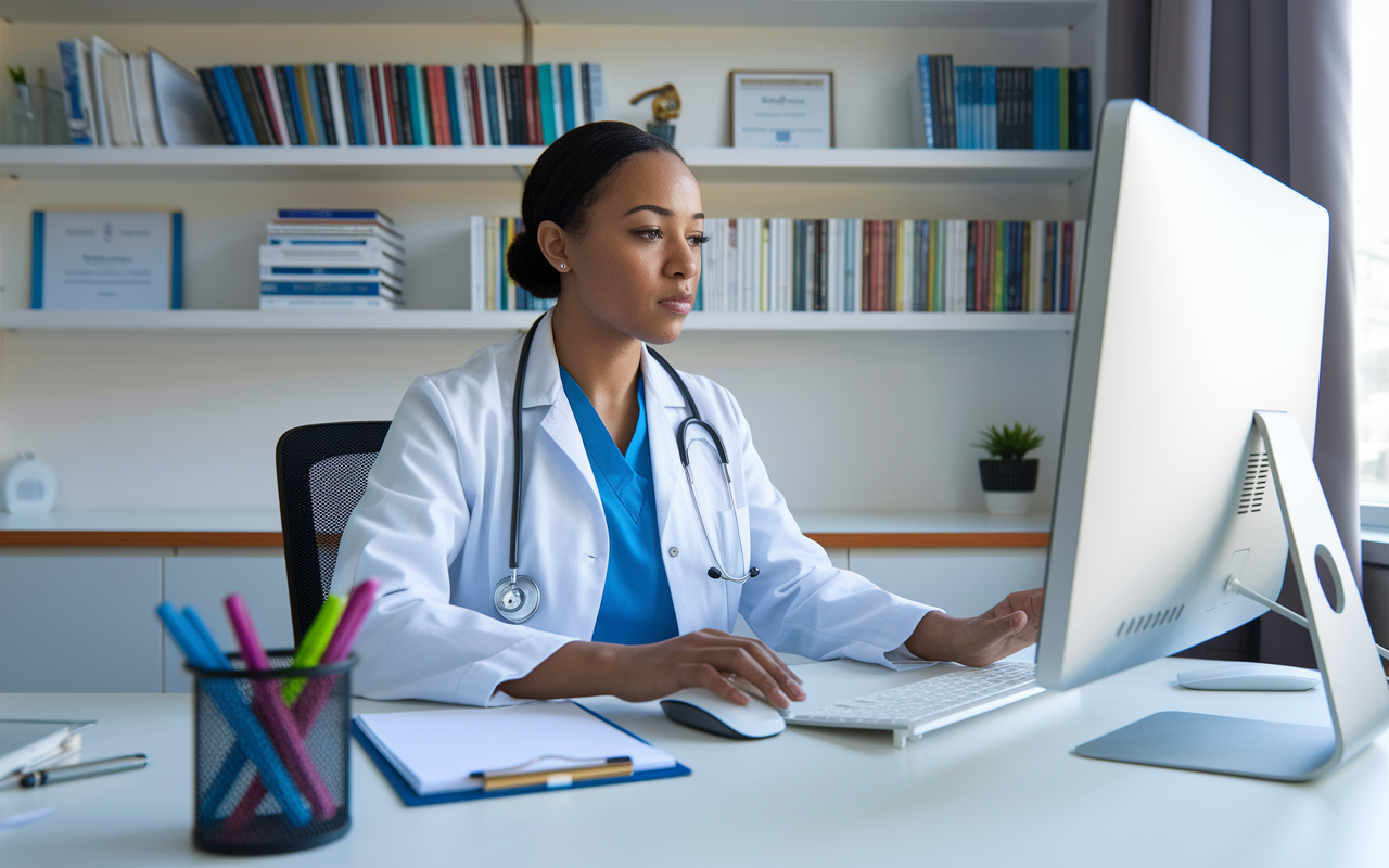 A skilled physician sitting at a modern desk, diligently focusing on a computer screen while performing medical coding. The room is equipped with health-related books and certifications on the walls, personalizing the professional space. A notepad and colorful pens are at hand, creating an organized work environment that radiates precision and professionalism.