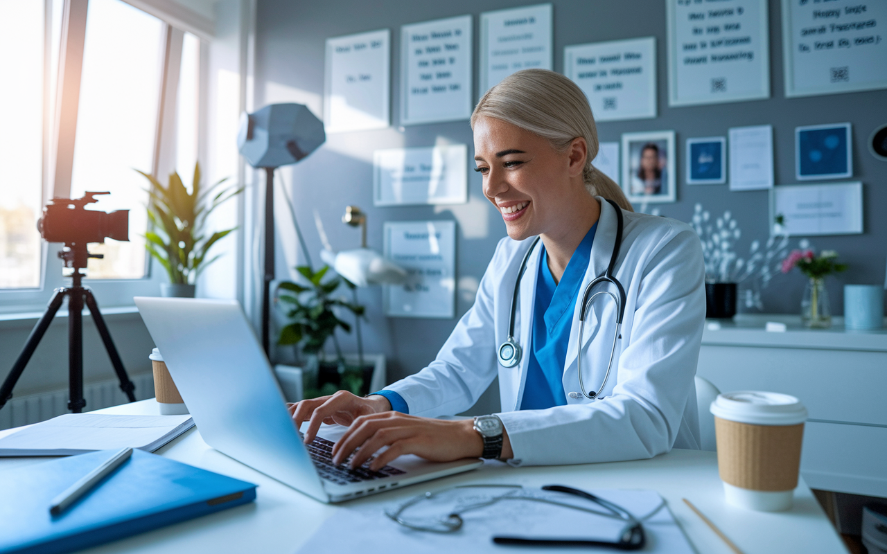 A physician typing enthusiastically on a laptop, blogging about health topics in a chic home office decorated with medical posters and personal accolades. The space is bright with natural light coming through the window, a camera setup for vlogging nearby, and coffee cups suggesting a creative flow of ideas. The atmosphere is lively and inviting, encouraging knowledge sharing.