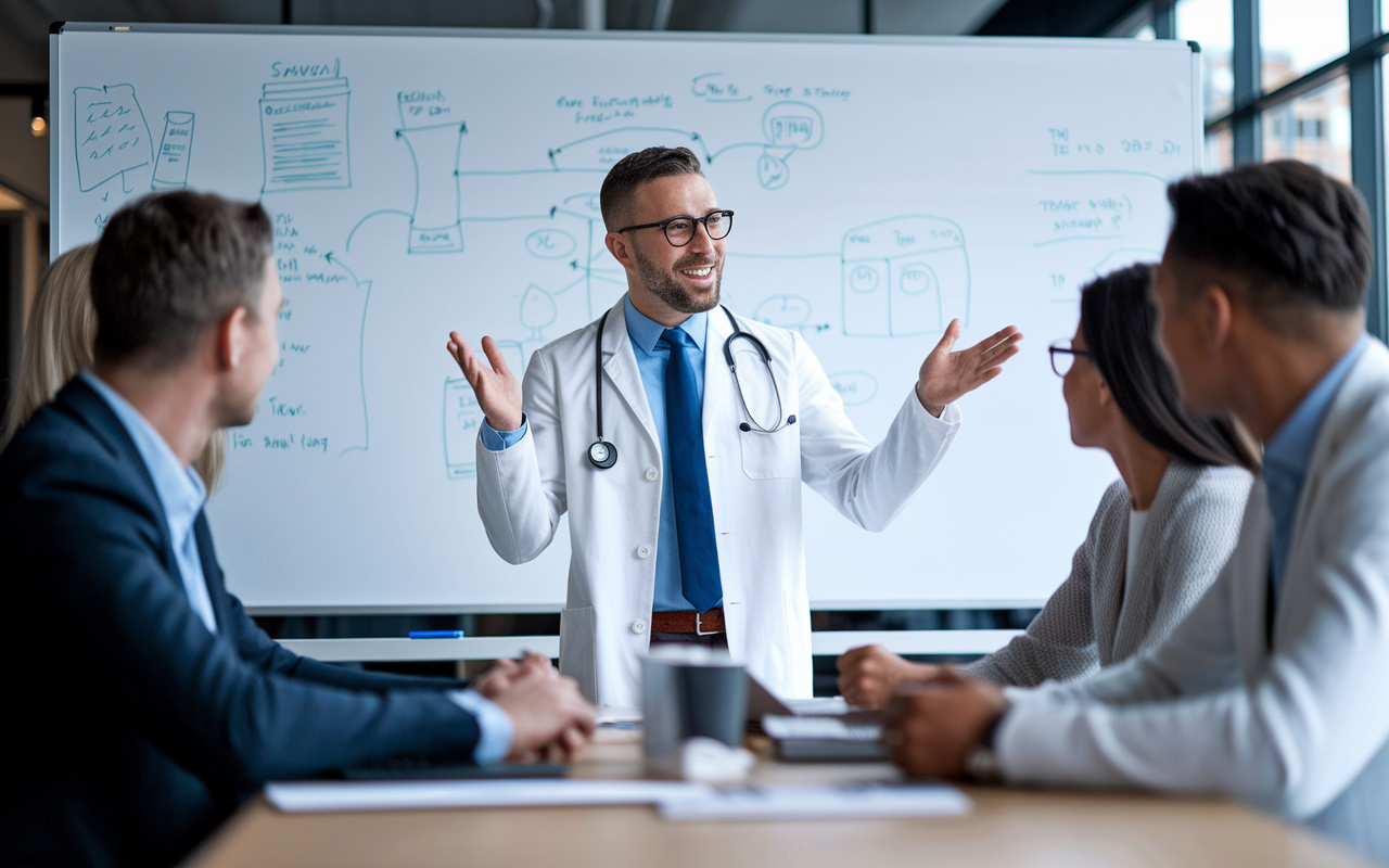 A physician enthusiastically pitching a medical tech startup idea to potential investors in a modern office setting. A whiteboard filled with diagrams and business strategies is in the background, and investors are attentively listening. The atmosphere is professional yet innovative, illustrating the fusion of healthcare and technology, with natural lighting emphasizing the forward-thinking nature of the discussion.