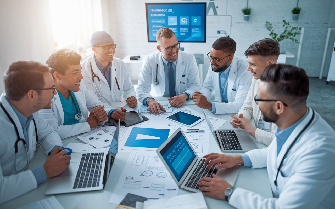 A team of physicians and developers collaborating over a table full of laptops, tablets, and design sketches to create a telehealth companion app. The room is modern and tech-friendly, with a large screen displaying the app’s interface. Laughter and brainstorming fill the air, symbolizing teamwork and innovation, with a bright and airy ambiance that fosters creativity.