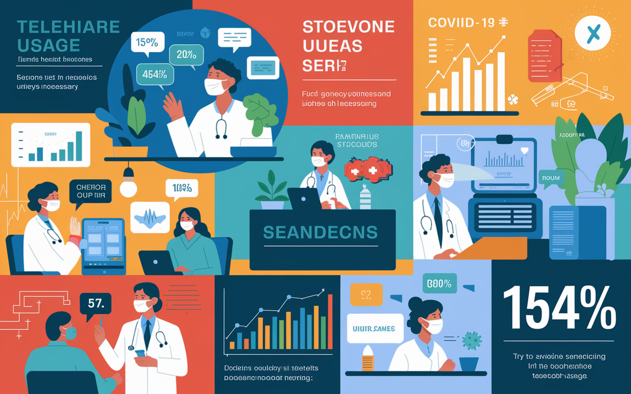 A dynamic infographic visualizing the surge in telehealth usage during the COVID-19 pandemic. The background depicts a collage of healthcare settings transforming with technology—doctors using telemedicine platforms, patients consulting via video calls, and graphs indicating a 154% increase in telehealth usage. The atmosphere conveys urgency and innovation, with colorful statistics highlighted in a modern, eye-catching design.