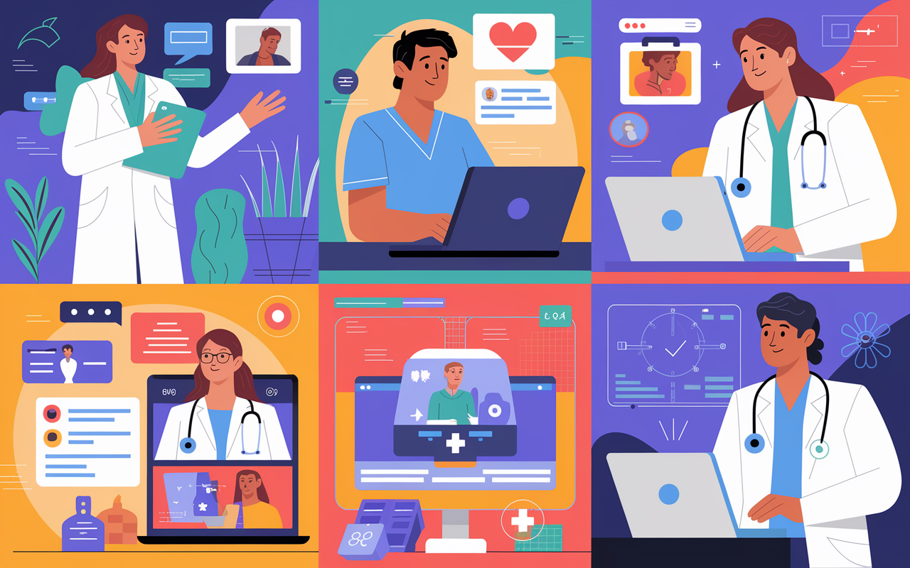 A vibrant collage illustrating various telehealth side hustles for physicians. Showcase a physician on a video call during an online consultation, another engaging in health coaching via a laptop, and a third hosting an educational webinar. The background shows various digital tools and platforms being used, with a warm and energetic ambiance reflecting the entrepreneurial spirit of modern healthcare.