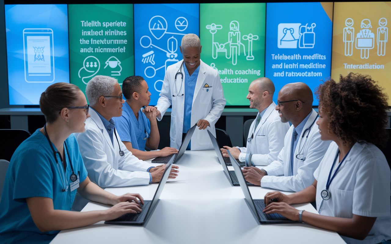 A diverse group of physicians engaged in various telehealth activities, including online consultations, health coaching, and education. The setting is a multi-screen environment featuring graphics of telehealth benefits and patient interaction. Bright and hopeful lighting creates an uplifting atmosphere, reflecting the innovative spirit of modern medicine as healthcare adapts to new technologies.