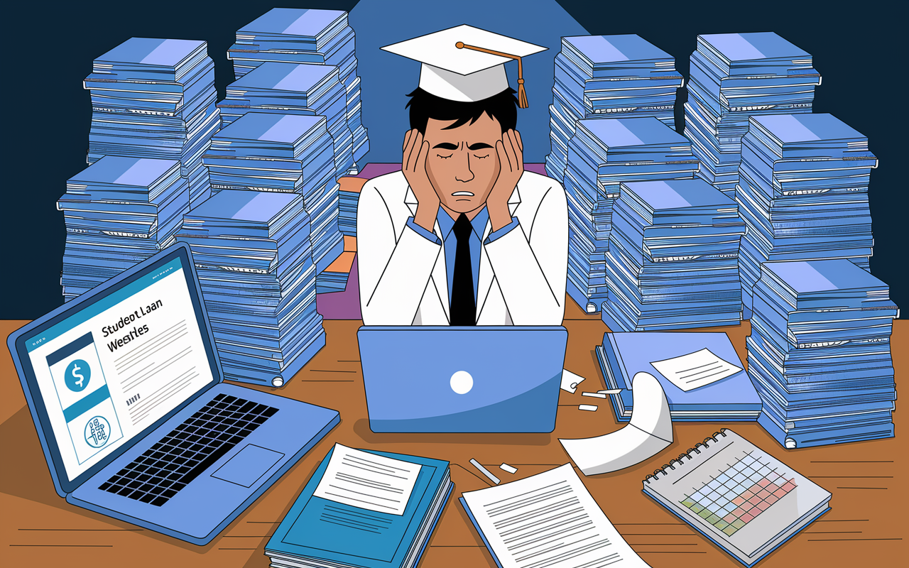 An illustration depicting a distressed medical graduate surrounded by towering stacks of student loan papers and bills, sitting in a dimly lit room reflecting anxiety. The room has a cluttered desk with medical textbooks, a laptop open to student loan websites, and a calendar marked with deadlines, emphasizing the weight of financial burden.