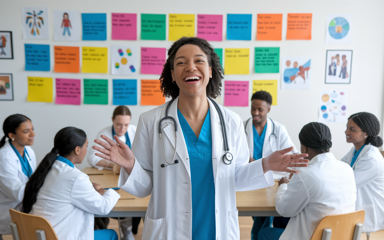 A joyful physician standing in front of a whiteboard filled with colorful ideas for medical education, showcasing their side projects. The room is bright, decorated with health posters, and filled with medical students engaged in discussions, illustrating a vibrant and supportive learning environment.