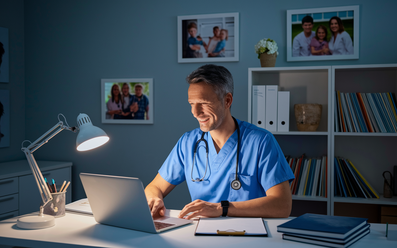 A well-designed home office with a physician in scrubs sitting at a desk with a laptop open for a telemedicine session. The lighting is soft and warm, showcasing family photographs on the wall and medical books on a nearby shelf, reflecting the professional yet personal space of a doctor.