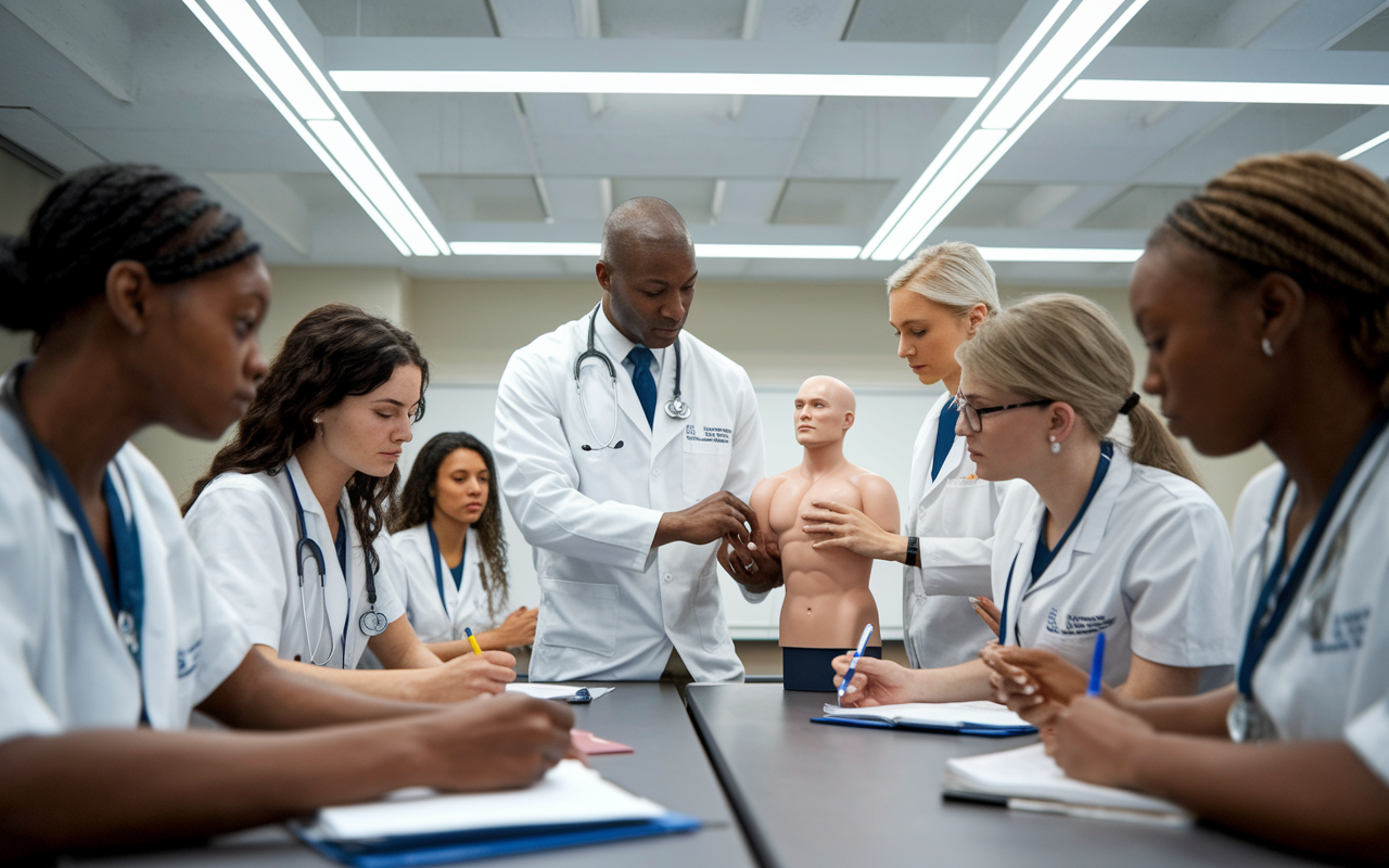 A diverse group of medical students in a well-lit classroom setting, engaged in a clinical skills training session. A physician demonstrates a physical examination technique on a volunteer student, using realistic anatomical models. The atmosphere is focused yet supportive, with students taking notes and practicing their skills. Bright fluorescent lights and an organized classroom enhance the educational environment.