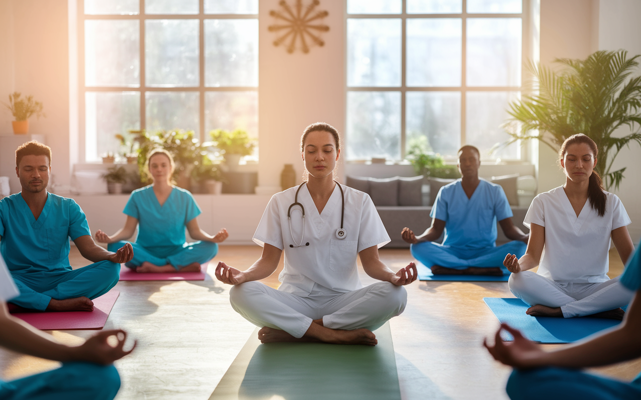 A physician leading a mindfulness workshop in a serene, sunlit room, encouraging healthcare professionals to focus on stress relief techniques. Participants are seated on yoga mats, practicing mindfulness and relaxation exercises, with calming decor such as plants and soothing colors creating a tranquil atmosphere. Warm natural light enters through large windows, enhancing a sense of calm.