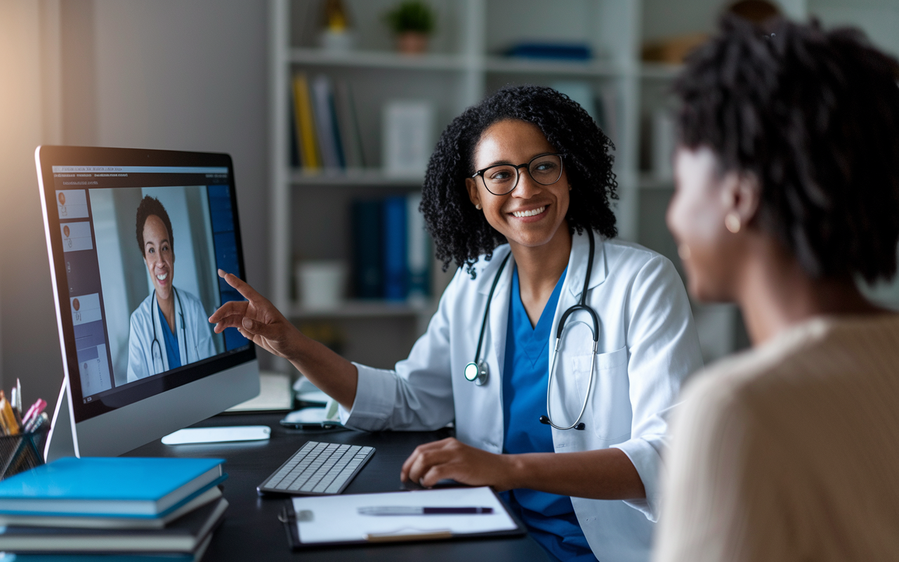 A physician conducting a telemedicine consultation from a home office, smiling and engaging with a patient on a computer screen. The workspace is organized, with medical books and a stethoscope visible in the background, showcasing the dual roles of healthcare provider and educator. Soft ambient lighting creates a comfortable environment for virtual interaction.