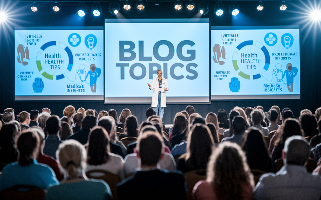 A physician standing confidently in front of a large audience at a medical conference, passionately discussing blog topics on a projector screen. The audience, a mix of healthcare professionals and interested patients, are engaged and taking notes. Vivid infographics adorn the screen, illustrating key points on health tips and medical insights. The setting is dynamic, with bright, focused lighting highlighting the speaker while creating an inviting atmosphere for learning.