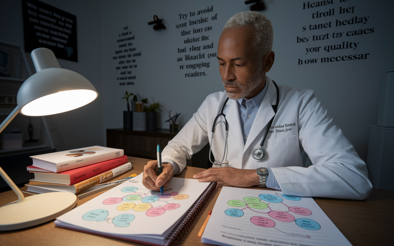 A physician in a home office, surrounded by medical literature, deeply focused on writing a blog post. A notepad filled with colorful mind maps and draft outlines is on the desk, while a soft lamp casts a warm glow, creating an inspiring study environment. The walls are decorated with motivational quotes related to health and wellness, emphasizing the importance of quality content for engaging readers.