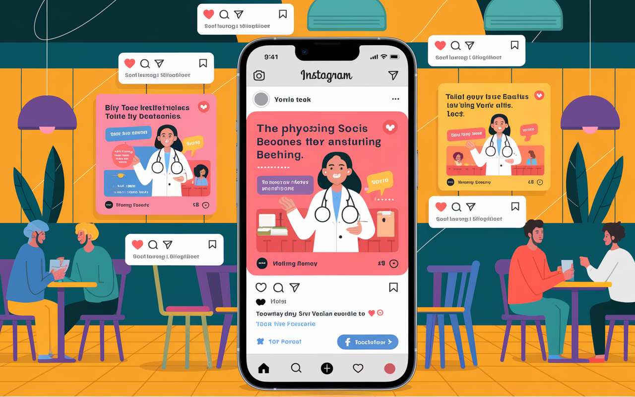 A vibrant social media interface on a mobile phone, showing posts from a physician's blog being shared across various platforms like Instagram, Twitter, and Facebook. The images are eye-catching, featuring health tips and engaging visuals. Set against a lively café background, the scene depicts the blend of technology and communication as the physician cultivates a following and builds a community around their expertise.