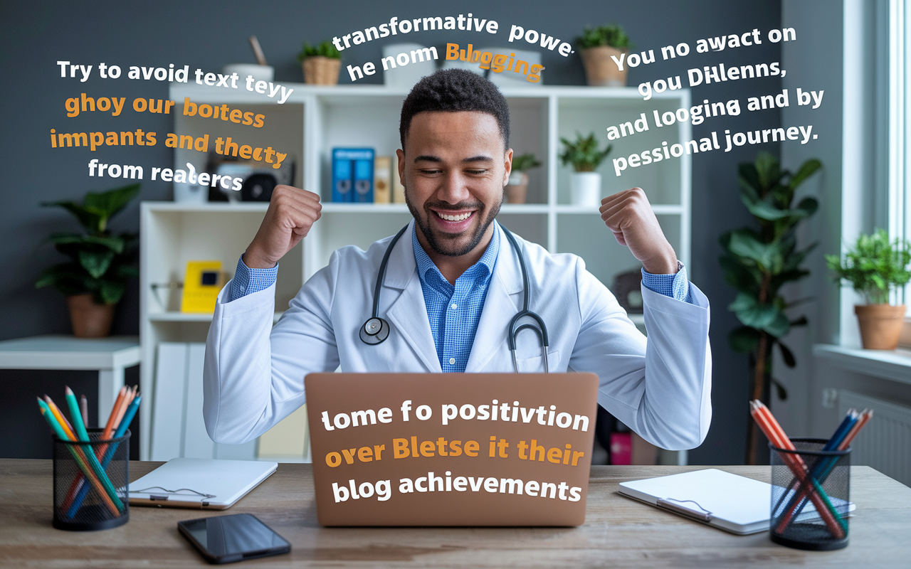 An inspiring scene of a physician celebrating success in their home office, surrounded by awards and recognition for their blog achievements. The atmosphere is filled with positivity as the physician smiles at their laptop, showcasing an influx of comments and engagement from readers. Bright, motivational quotes adorn the walls, emphasizing the transformative power of blogging and the impact on their professional journey.