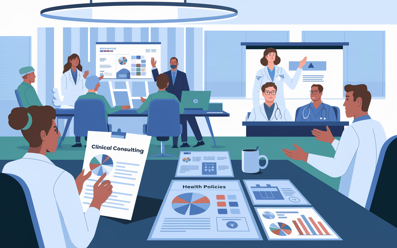 A visually dynamic illustration depicting different types of consulting roles for physicians. In the foreground, a physician reviewing clinical charts, representing clinical consulting. To the right, another physician giving a presentation to healthcare leaders, showcasing healthcare leadership consulting. In the background, a physician analyzing health policies with government officials, indicating health policy consulting. The setting is a bright conference room with modern decor, emphasizing collaboration and professional engagement.