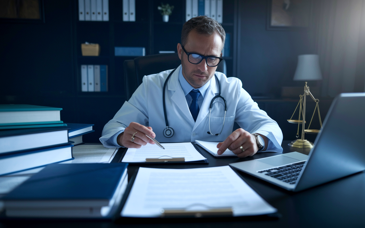 A focused physician in a formal office setting analyzing legal documents related to a medical malpractice case. The room is dimly lit, with a desk cluttered with medical files and legal books. A laptop screen displays case notes, while the physician, wearing glasses, intensely reviews information, depicting a thoughtful approach to legal consulting.