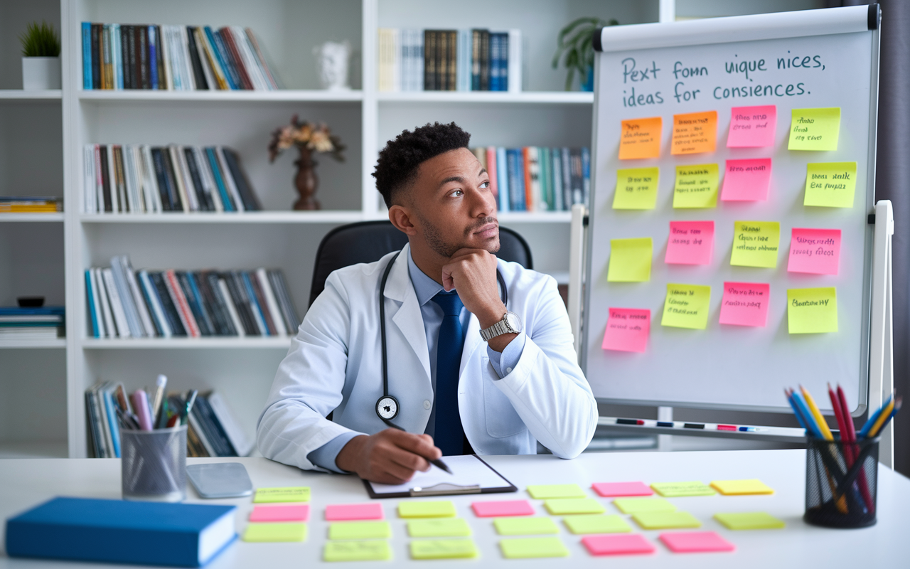 A thoughtful physician seated at a desk, brainstorming while surrounded by sticky notes and a whiteboard filled with ideas. The office is bright and inviting, with medical books lining the shelves. The physician looks inspired, pen in hand, contemplating the various niches in consulting and jotting down unique ideas for target audiences.