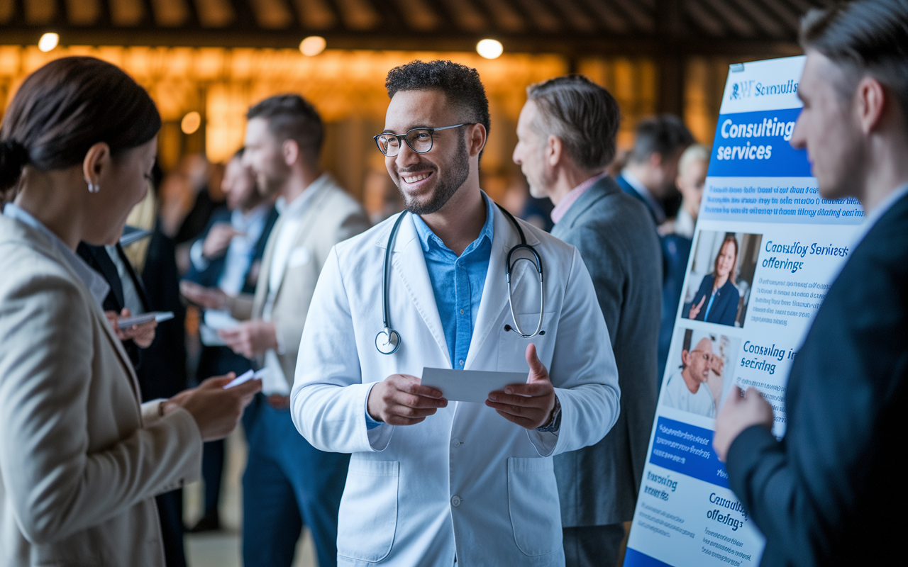 An enthusiastic physician participating in a networking event, engaging in conversation with peers. The setting is lively, with other professionals exchanging business cards. The physician enthusiastically discusses consulting services, showcasing a poster board with marketing materials about consulting offerings. Warm lighting accentuates a supportive and collaborative atmosphere.