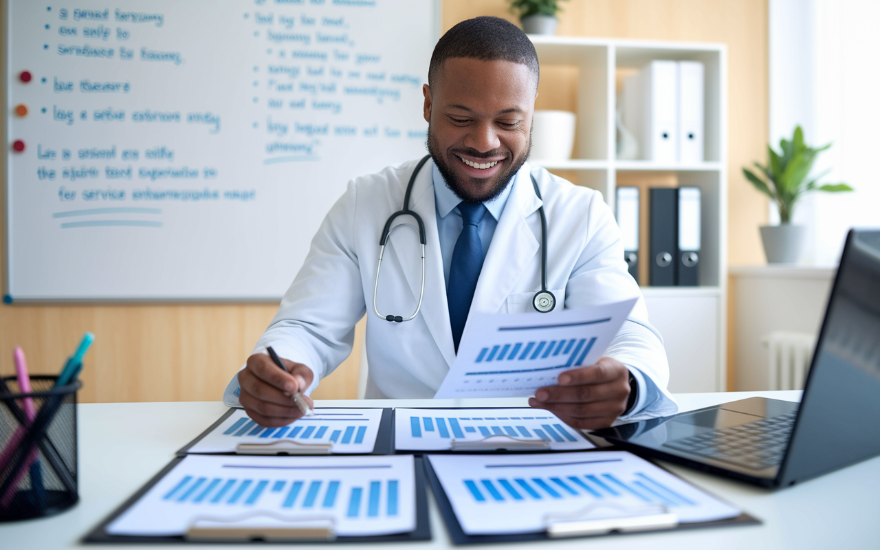 A physician reviewing feedback forms with a satisfied expression in a bright office. The desk is organized, with a laptop open to spreadsheets of client feedback. The background shows a whiteboard with positive comments and testimonials, emphasizing the importance of listening to client experiences for service enhancement.