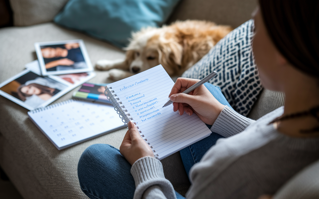 A visual of a determined student seated at a cozy sofa with a notepad, meticulously jotting down a list of commitments. Soft lighting creates a calm atmosphere, surrounded by personal items reflecting their life - family photos, a pet sleeping nearby, and a calendar marked with study sessions. The focus on the notepad captures a moment of introspection and organization, emphasizing balance between personal life and academic responsibilities.