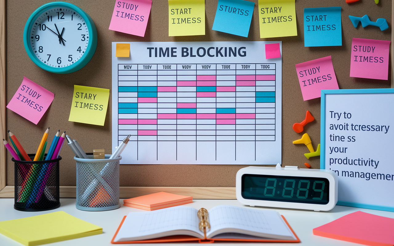 An organized desk space showcasing a detailed time blocking schedule pinned on a bulletin board. The scene captures vibrant colors with sticky notes labeled for various subjects, a ticking wall clock indicating study start times, and a digital timer counting down. Beside the desk, a motivational poster highlights productivity tips. The ambiance has a studious yet energetic vibe, emphasizing effective time management in a cozy study location.