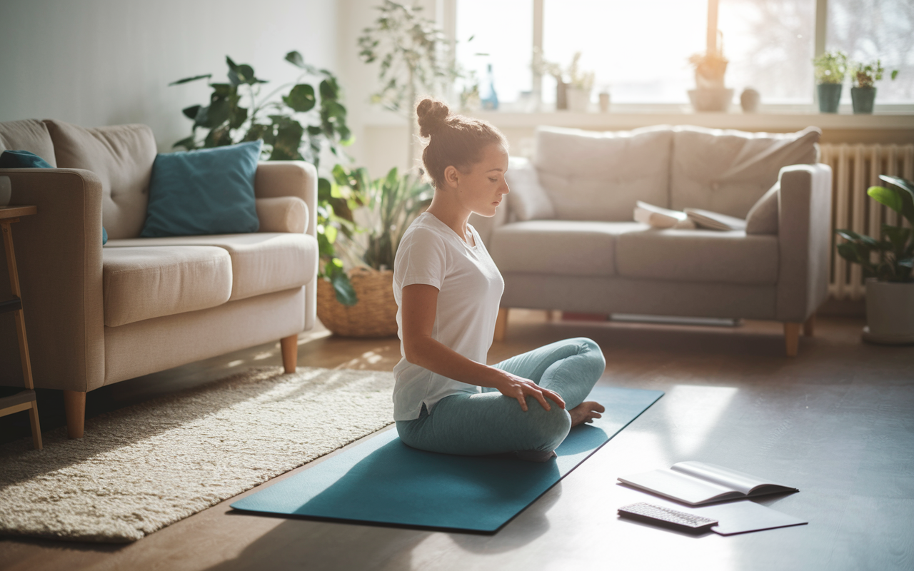 A serene morning scene featuring a student in yoga pants practicing yoga in a sunlit living room adorned with plants and comfortable furniture. A yoga mat on the floor, with a glimpse of study materials nearby, showcases a balance between physical health and academic preparation. Soft natural light filters in, creating a peaceful atmosphere, emphasizing the importance of self-care during demanding study times.