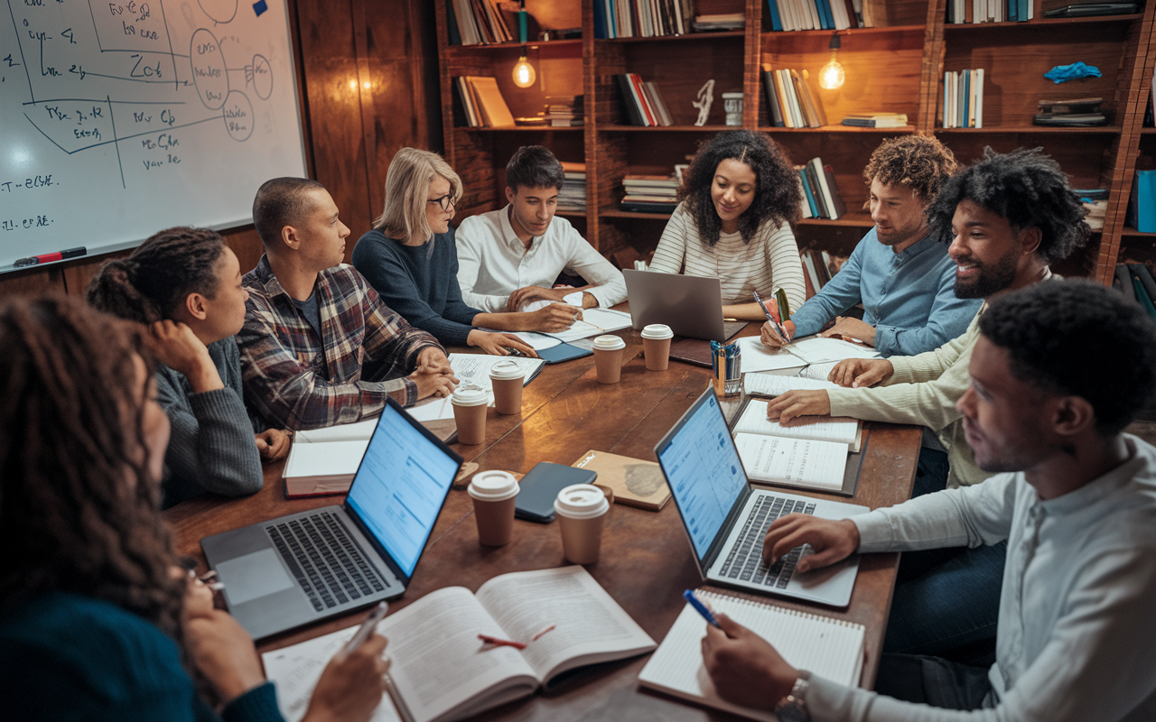 A diverse group of students gathered around a large wooden table in a cozy study room, collaborating on MCAT material. The atmosphere is energetic, filled with textbooks, markers, and a whiteboard covered in diagrams and notes. Warm lighting illuminates their faces, reflecting determination and camaraderie. Empty coffee cups signify late night study sessions, while laptops show practice questions, highlighting teamwork and support among peers during intensive exam preparation.