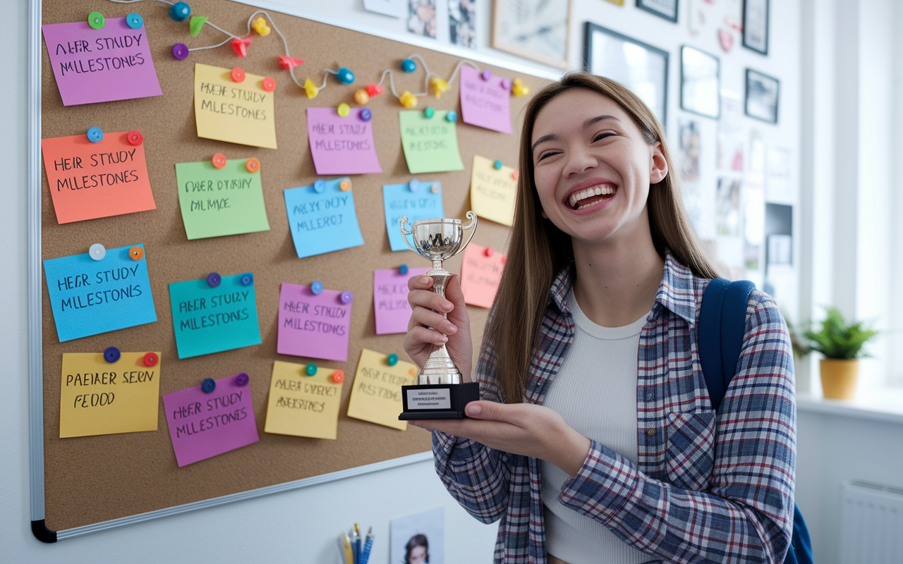 A joyful student standing in front of a pinboard with colorful stickers and notes representing their study milestones. The room is bright and cheerful, filled with decorations that reflect personal achievements. The student holds a small trophy as a symbolic reward for their hard work, with a satisfied smile. The ambiance conveys a sense of accomplishment, reinforcing the importance of acknowledging progress during the MCAT journey.