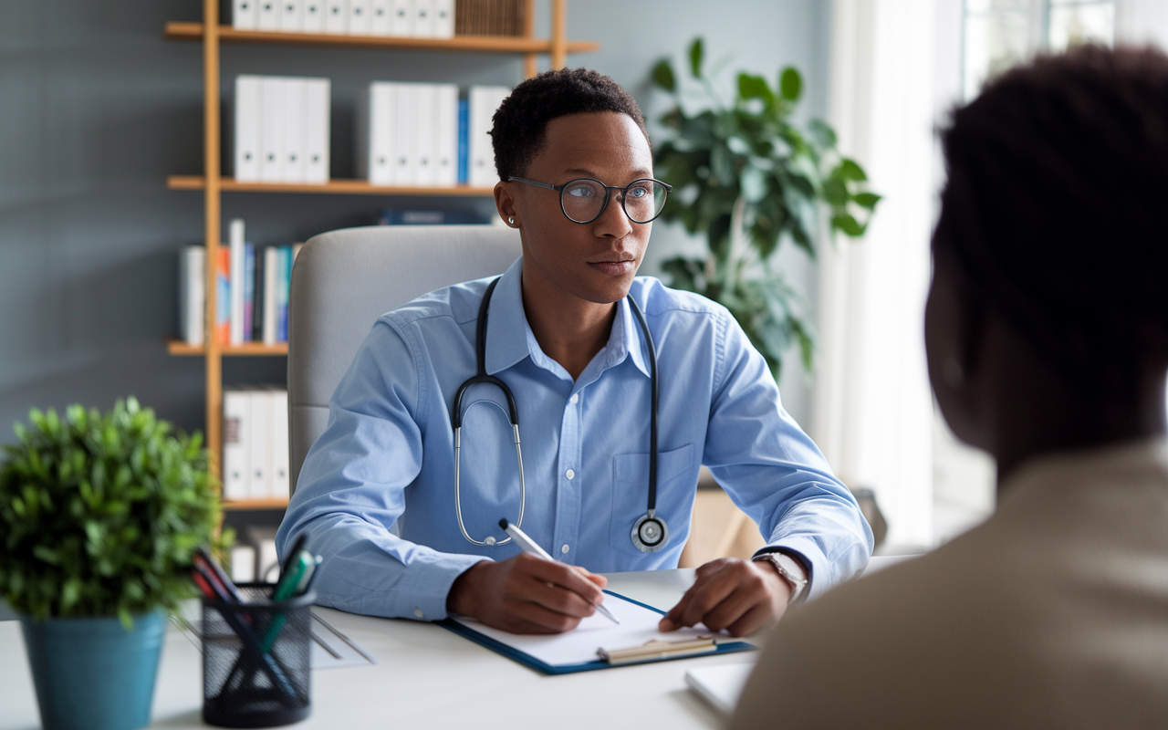 A focused medical professional sitting at a stylish home office desk, engaged in a telehealth consultation with a patient via video call. The room is well-lit with natural light, and the doctor, wearing a professional shirt and glasses, takes notes while maintaining eye contact with the screen. In the background, a bookshelf filled with medical texts and a potted plant adds a homely touch. The doctor's expression conveys professionalism and empathy as they guide the patient through their health concerns.