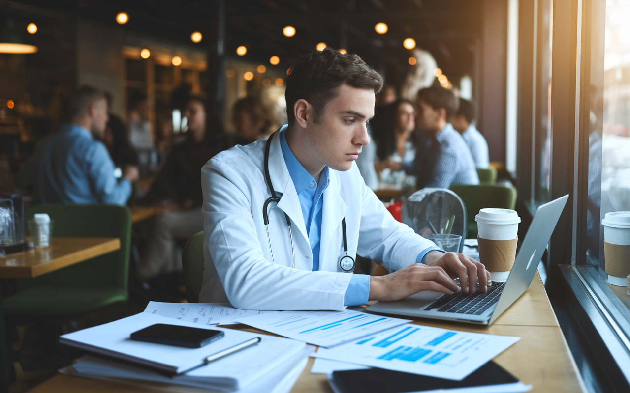 A dedicated medical writer in a cozy cafe, typing on a laptop with research papers and notes scattered around. The writer is focused, occasionally glancing at a coffee cup beside them. A window provides soft ambient light, illuminating their workspace. In the background, the hustle of the cafe adds a vibrant atmosphere, with patrons engaged in conversations. The scene reflects creativity, diligence, and the art of communicating complex medical ideas effectively.