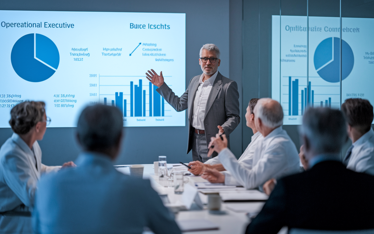 An experienced healthcare consultant presenting data and insights in a modern conference room filled with attentive healthcare executives. Charts and graphs are projected onto a screen, highlighting key operational metrics. The consultant, dressed in business attire, uses clear visuals and confident body language to convey the importance of their recommendations. Soft lighting creates a professional and engaging atmosphere, enhancing the collaborative spirit of the meeting.