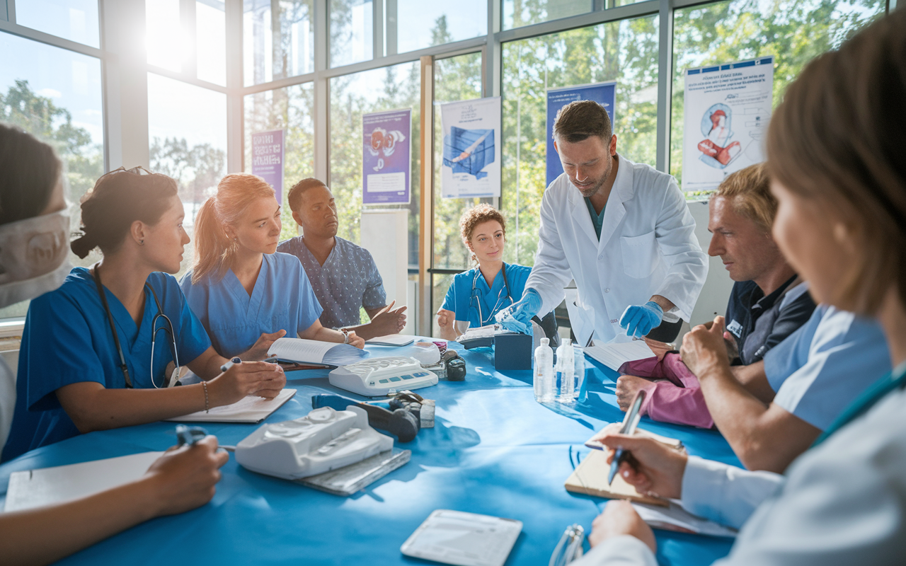 A dynamic medical training workshop in progress, with healthcare professionals engaged in a hands-on learning session. There are various medical devices on the table, and an instructor, wearing a lab coat, is demonstrating a procedure to an attentive audience. Natural light streams in through large windows, brightening the room decorated with posters on medical advancements. Participants, eager to learn, are taking notes and asking questions, showcasing an atmosphere of collaboration and growth.