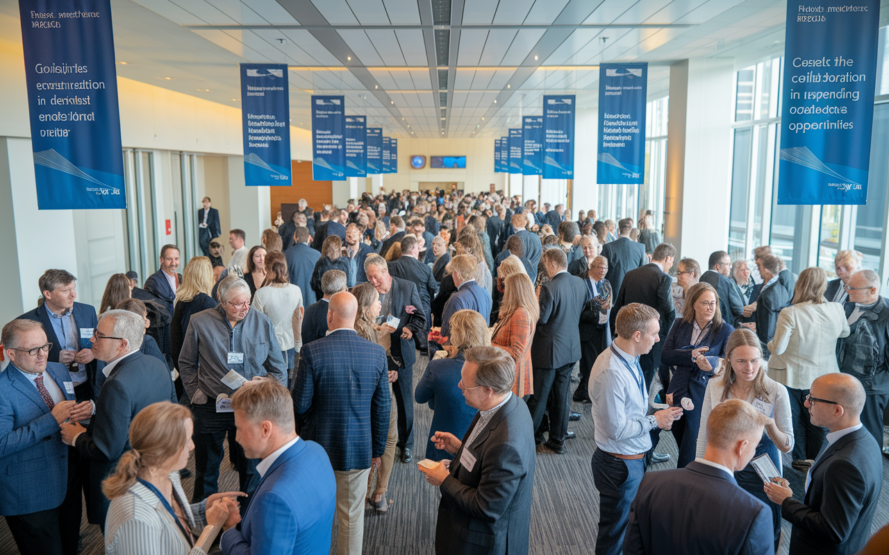 A lively networking event for healthcare professionals in a spacious venue. Attendees, dressed in business casual, are engaging in discussions, exchanging business cards, and sharing experiences. Banners advertising various medical organizations decoratively line the walls. Soft music plays in the background, creating a welcoming vibe. The scene highlights the importance of collaboration and community in expanding professional opportunities.