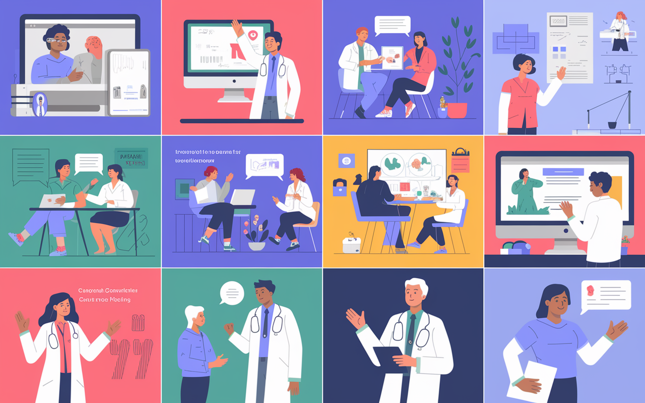 A collage of various freelance medicine activities, illustrating the diversity of consulting opportunities available for healthcare professionals. Visuals include a telemedicine consultation, a wellness workshop with engaged employees, a medical writing session, and a healthcare consultant presenting in a corporate setting. Bright colors and dynamic compositions demonstrate the excitement and potential of freelance medicine. The images collectively illustrate the blend of innovation, flexibility, and professionalism in this evolving field.