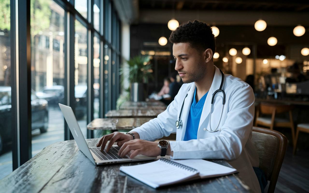 A physician working from a cozy coffee shop, comfortably seated at a rustic wooden table with a laptop open and medical notes scattered around. Natural light filters through large windows, highlighting the casual yet focused atmosphere, showcasing the balance of work and a relaxed environment.