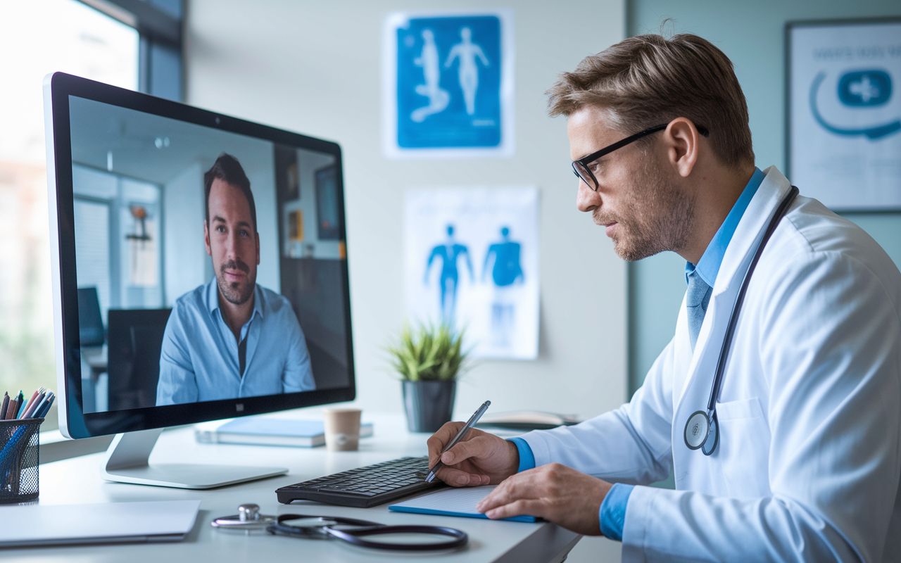 A physician conducting a telemedicine consultation in a sleek, modern office. The screen shows a patient on a video call, with the physician actively listening and taking notes. The atmosphere is professional yet inviting, with medical posters and a stethoscope visible in the background.