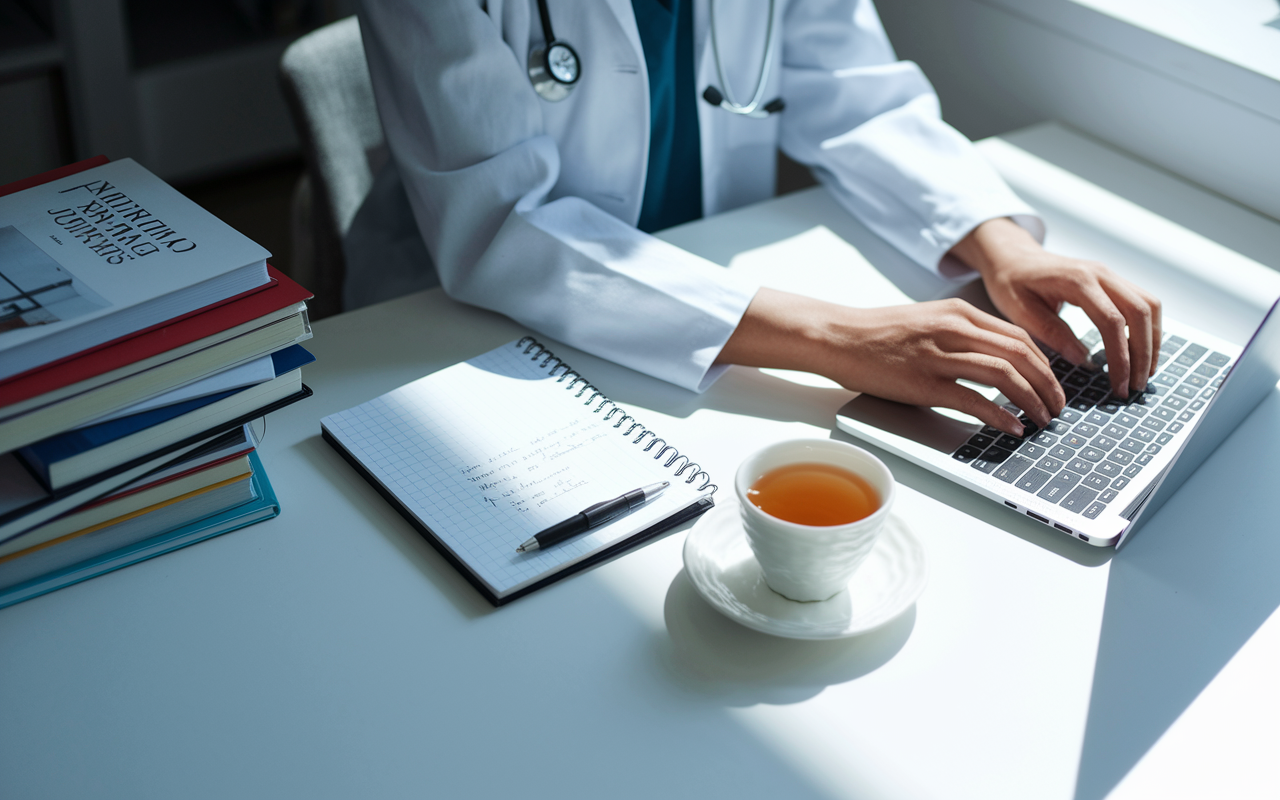 A focused physician sitting at a tidy desk, typing on a laptop, surrounded by stacks of medical journals and textbooks. A notebook filled with handwritten notes and a cup of herbal tea nearby, while sunlight illuminates the workspace, creating a productive, serene atmosphere.