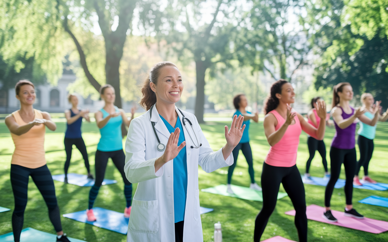 A physician health coach leading a vibrant outdoor wellness class in a park, engaging with participants in workout gear. The atmosphere is energetic and uplifting, with trees and sunlight creating a refreshing, motivating environment.