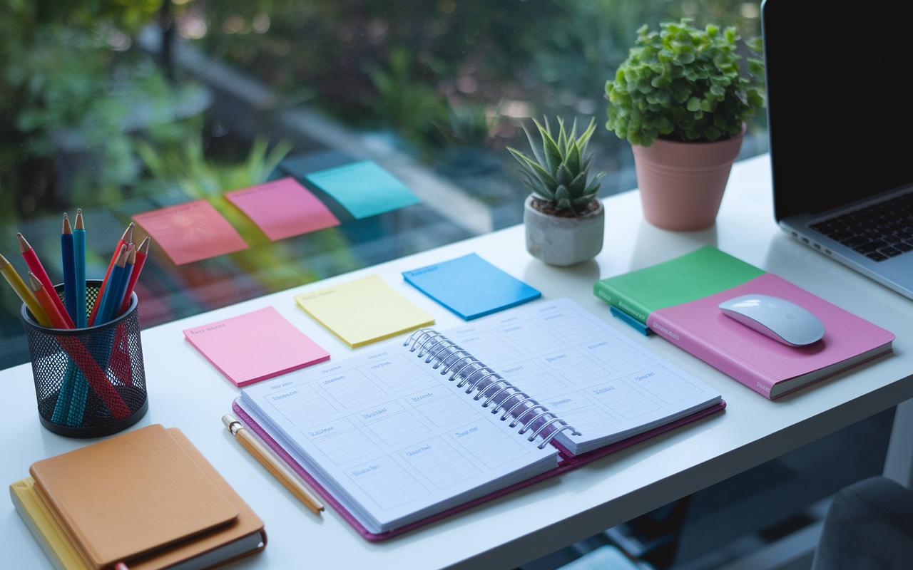 A digital planner on a sleek desk, filled with colorful notes and schedules for managing work-life balance. The environment is organized, with a serene backdrop of a window showcasing a calming view of nature outside.