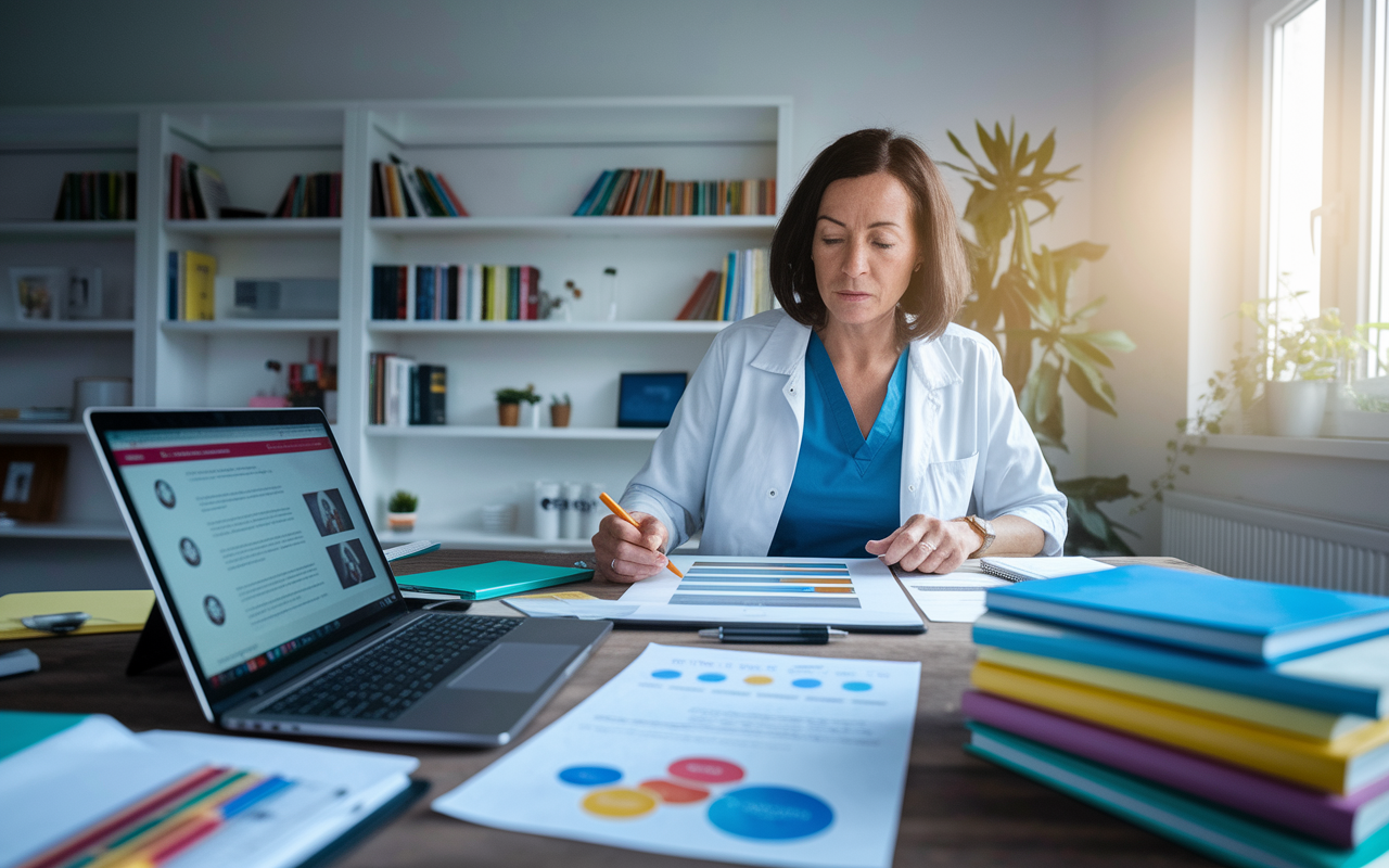 A focused scene inside a well-lit home office where a physician is immersed in creating an online course. The space is modern and inviting, filled with medical books, a laptop displaying course content, and notes with colorful diagrams on the desk. The physician, a middle-aged woman in casual attire, looks determined and engaged. Natural light streams from a window, symbolizing creativity and new opportunities. The atmosphere is dynamic and inspiring, emphasizing personal growth.