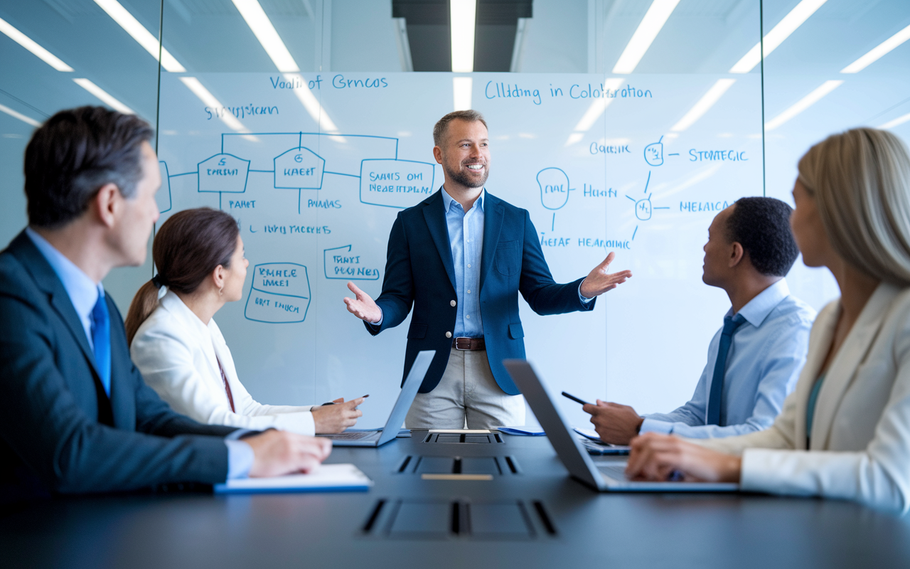 A consulting scene in a sleek conference room where a physician is presenting to a group of healthcare executives. The physician, wearing a smart blazer, stands confidently beside a whiteboard filled with strategic plans and medical flowcharts. The executives, varying in gender and ethnicity, are attentively listening, with notes and laptops open in front of them. Soft overhead lights create a professional and focused ambiance, illustrating the importance of collaboration in healthcare.