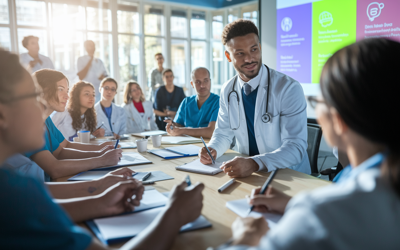 An interactive educational workshop setting featuring a physician leading a dynamic discussion. The room is filled with engaged healthcare professionals taking notes and asking questions. The physician, a young man dressed in smart-casual attire, uses a projector displaying colorful slides with health information. Light filters in through large windows, creating a welcoming and collaborative atmosphere. The participants show expressions of curiosity and eagerness to learn, showcasing the impact of educational initiatives.