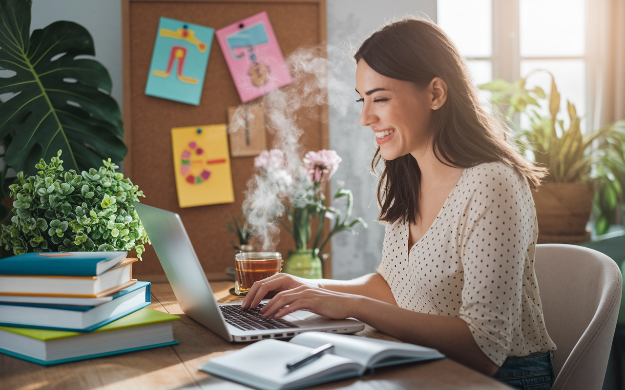 A vibrant and inviting scene showcasing a health and wellness blogger in a cozy, plant-filled workspace. The blogger, a young woman, is enthusiastically typing on her laptop, surrounded by books about nutrition and fitness. A steaming cup of herbal tea sits beside her laptop, and colorful charts about health trends are pinned to a corkboard on the wall. Soft, natural light casts a warm glow, creating an inviting atmosphere that embodies creativity and passion for wellness.