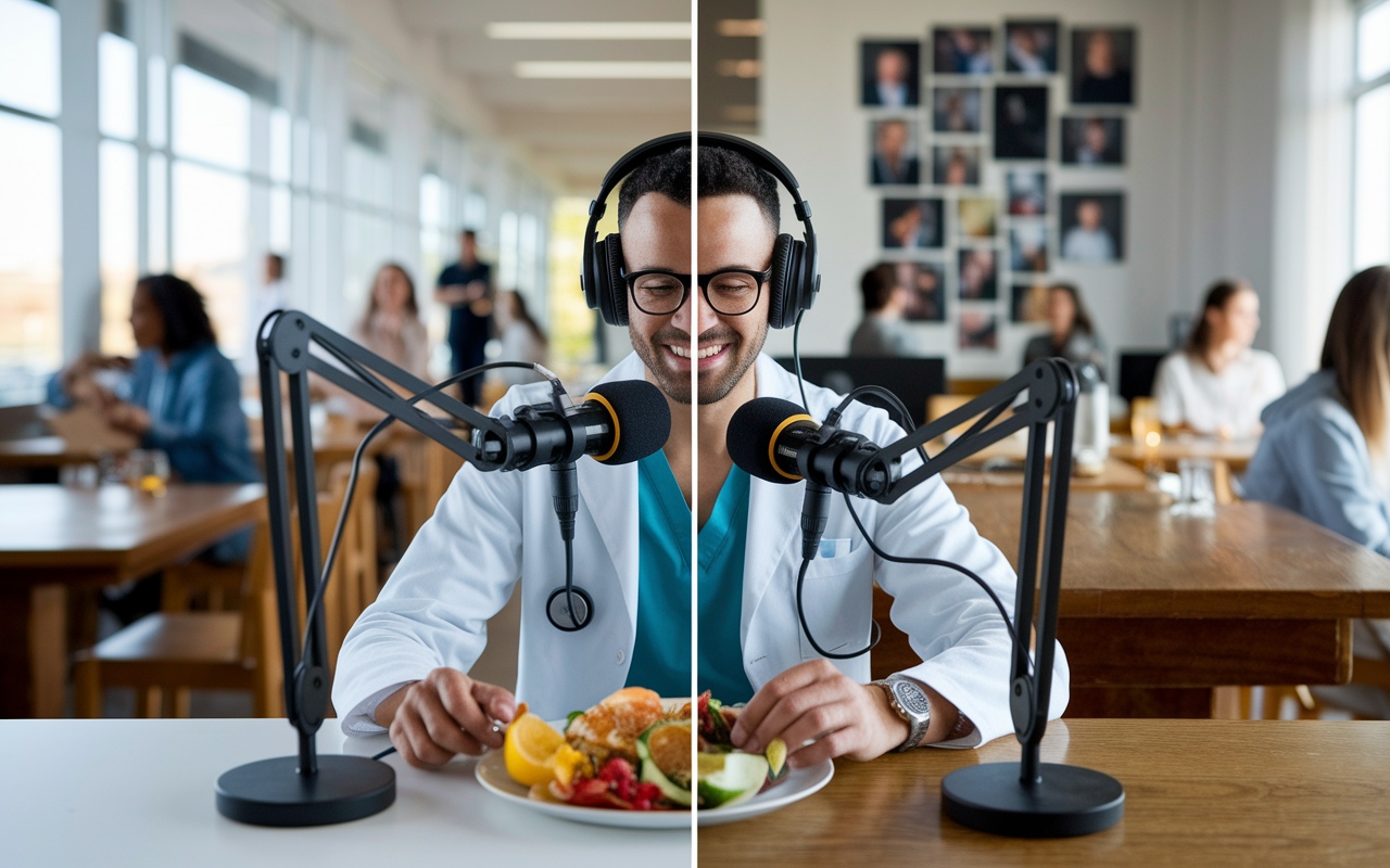 A split image depicting a busy physician recording a podcast during a lunch break in a bustling hospital cafeteria on one side, with the other side showing them comfortably recording at home with family photos in the background. Both images are bathed in natural light, highlighting the accessibility and adaptability of podcasting into a hectic schedule.