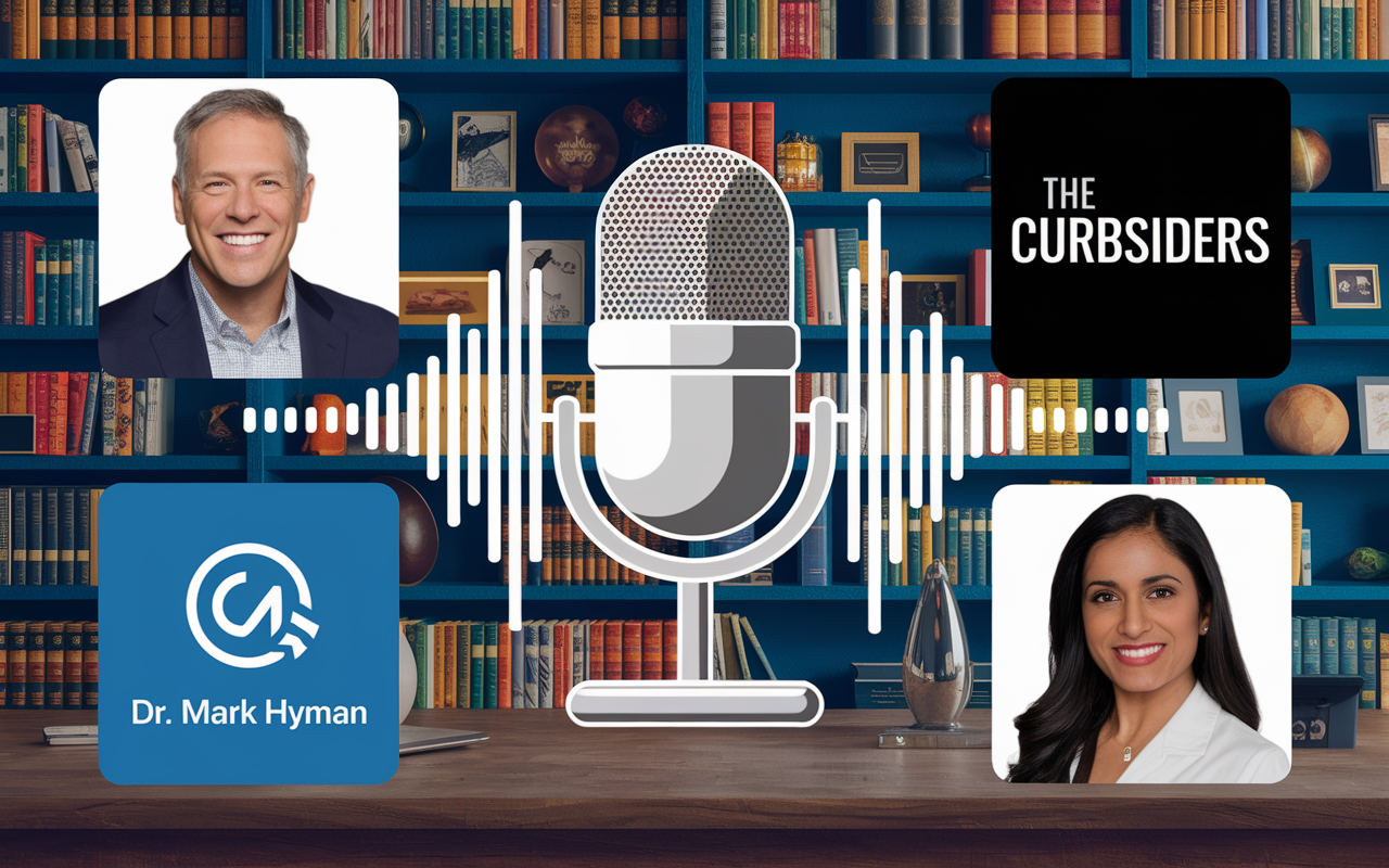 A collage of iconic physician-led podcasts, represented by microphones and audio waves, with images of Dr. Mark Hyman, Dr. Neha Sangwan, and the logo of 'The Curbsiders'. The background is a vibrant podcast studio setting with shelves filled with books and health-related memorabilia, symbolizing the rich narrative behind each podcast and the valuable insights shared.