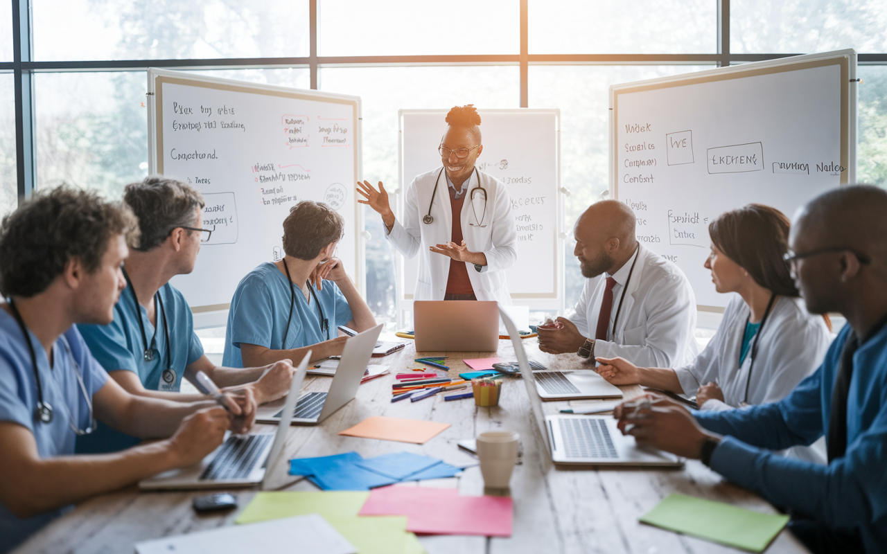 A diverse group of physicians engaged in a brainstorming session around a large table filled with notes and laptops, surrounded by whiteboards filled with ideas and colored markers. The atmosphere is productive and vibrant, illuminated by natural light pouring in from a large window, reflecting their excitement and passion for creating relevant and impactful podcast content.