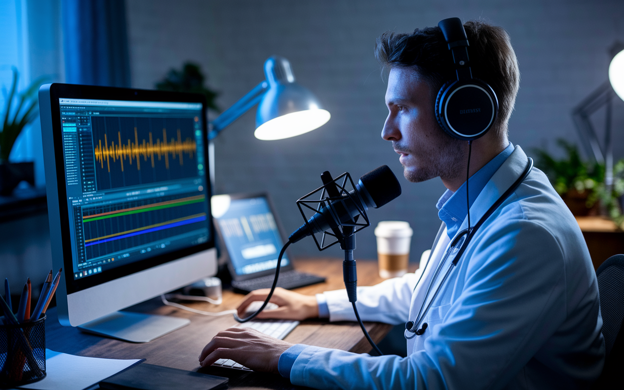 A focused physician seated in front of a computer screen during the editing phase of their podcast. The screen displays audio waves and editing software, with headphones on their head, and a coffee cup within reach. The environment is serene, with a soft glow from desk lamps enhancing concentration, showcasing the dedication to producing high-quality content.