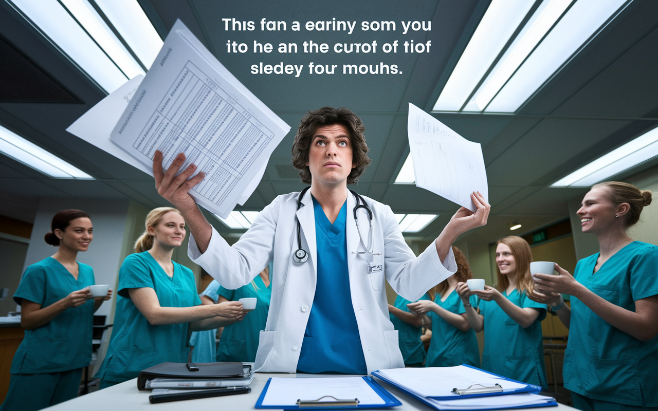 A chaotic hospital scene depicting a frazzled doctor juggling multiple charts and paperwork, with a humorous caption displayed above them. Bright overhead lights create a stark contrast, adding to the sense of urgency and stress in the environment. Colleagues in scrubs can be observed in the background, offering each other coffee and support, visually representing the camaraderie amidst the chaos.